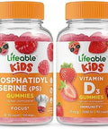 Lifeable Phosphatidylserine (Ps) Kids + Vitamin D Kids Gummies Bundle Great Tasting Vitamin Supplement Gluten Gmo Chewable Gummy