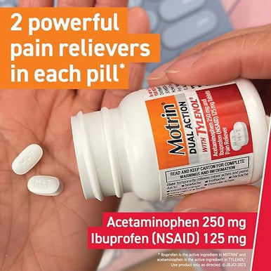 Motrin Dual Action with Tylenol Fast-Acting Long Lasting Pain Reliever with Ibuprofen & Acetaminophen for Minor Aches & Pains Ibuprofen (NSAID) 125 mg & Acetaminophen 250 mg