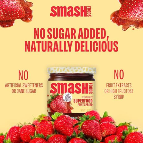 Smash Foods Strawberry Superfood Fruit Spread, No Sugar Added, Keto Jam with Chia Seeds, Vegan, Low-Calorie, 17.5 oz