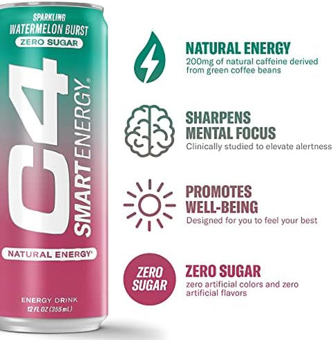 C4 Smart Energy Drink - Sugar Free Performance Fuel & Nootropic Brain Booster, Coffee Substitute or Alternative | Watermelon Burst 12 Oz - 12 Pack