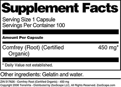 Terravita Comfrey Root (Certified Organic) - 450 Mg (100 Capsules, Zin: 517626) - 3 Pack