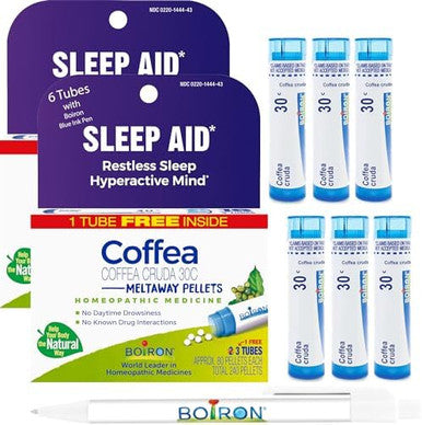 Boiron Coffea Cruda 30C 6 Total Blue Tubes Homeopathic Sleep Aid For Restless Sleep Mental Hyperactivity Racing Thoughts And Difficulty Sleeping With Blue Ink Pen