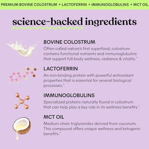 Lemme Colostrum Coffee Creamer for Gut, Skin, Hair & Healthy Aging, Sugar Free Liposomal & Grass Fed 1g Colostrum w/Lactoferrin, MCT Oil, Immunoglobulins, Vanilla Creme Flavored