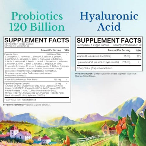 Vitalitown Gut-Skin Bundle (Pack Of 2) Probiotics 120 Billion Cfus (Item 1) & Hyaluronic Acid (Item 2) 30 + 90 Capsules