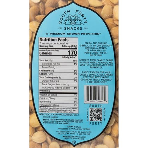 South 40 Snacks Dry Roasted Salted Marcona Almonds (6.5oz bag, pack of 4)