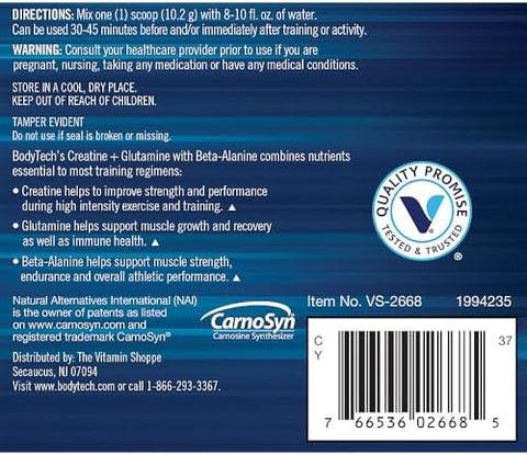 Bodytech Creatine + Glutamine With Betaalanine Advanced Performance Formula Supports Strength Recovery & Endurance (10.8 Oz 30 Servings)