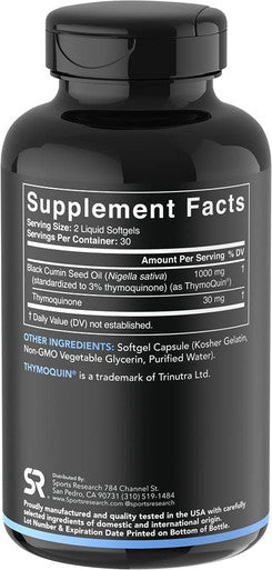 Sports Research Black Cumin Seed Oil Black Seed Oil Capsules for Immune Health Joint Health Antioxidant Activity NonGMO Gluten Mfd. in USA 500mg 60 Liquid Softgels for Adults