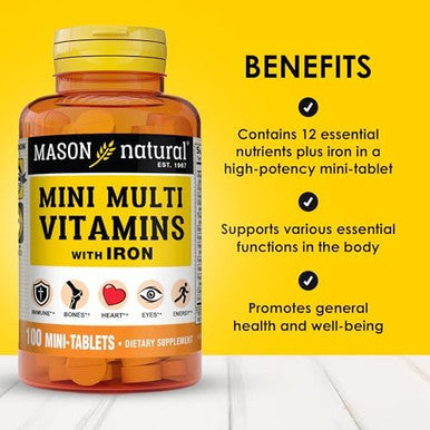 Mason Natural Daily Mini Multi Vitamins With Iron Vitamins A C D E B1 B2 B3 B6 B12 Folate & Calcium 100 Day Supply Per Bottle (3Pack)