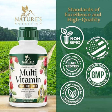 Liquid Multivitamin, Sugar Multi Vitamin For Women Men & Kids, Vitamins A, C, D, B-12, Biotin & Zinc For Beauty, Skin Care, Thicker Hair Growth & Wrinkles, Non-Gmo, Vegan, Berry Flavor, 15 Fl Oz