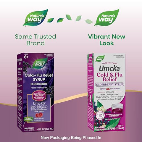 Nature'S Way Umcka Cold & Flu Relief Elderberry Syrup Non-Drowsy Homeopathic Cold And Flu Relief For Sore Throat Cough Congestion Fever Body Aches Berry Flavored 4 Fl Oz (Packaging May Vary)