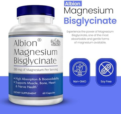 MilaMiAmor Albion Magnesium Bisglycinate Highly Absorbable Chelated Magnesium for Muscle Nerve Relaxation and Sleep Support Gentle on Stomach Vegan 200mg per Serving 60 Capsules