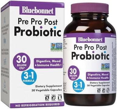 Bluebonnet Nutrition Pre Pro Post Probiotic 30 Billion Cfu Shelf Stable ÃƒÂ¢Ã¢â€šÂ¬Ã¢â‚¬Å“ For Women & Men Digestion Gut Mood Immune Of Dairy Gluten & Soy Nongmo 30 Vegetable Capsules 30 Servings