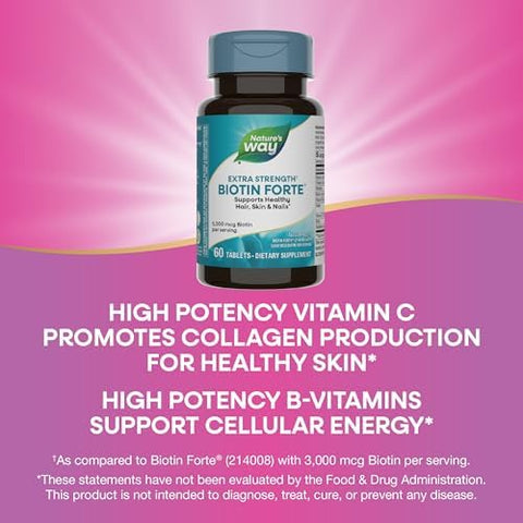 NatureS Way Extra Strength Biotin Forte Supports Healthy Hair Skin and Nails 5000 Mcg Per Serving High Potency BVitamins Vitamin C 60 Vegan Tablets (Packaging May Vary)