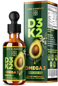 Elements Liquid Vitamin D3 + K2 Drops 10,000 Iu With Omega-3 High Absorption For Bone, Immune & Heart Support Pure Avocado Oil Base Non-Gmo 2 Fl Oz (60 Ml)