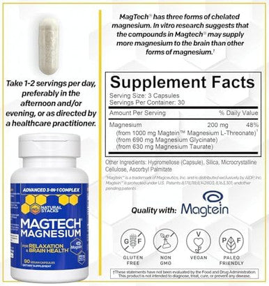 NATURAL STACKS MagTech Magnesium Complex for Women & Men - 3 Forms of Magnesium: Glycinate Magtein L-Threonate & Taurate - 200mg Chelated Complex - Support for Relaxation & Brain Health