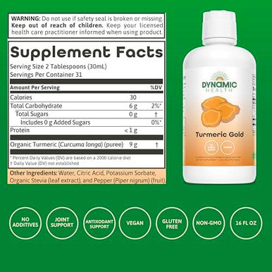 Dynamic Health Turmeric Gold 100% Juice Turmeric Supplement No Additives Joint Support Antioxidant Inflammation Vegan Gluten Nongmo 32 Fl Oz