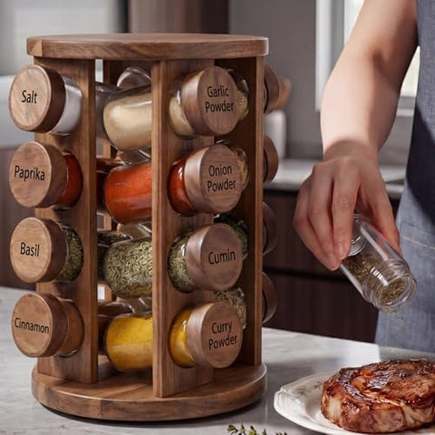 Yungyan Acacia Wood Brown Rotating Spice Rack Seasoning Organizer with 16 Empty Jars, Spice Containers Set with Labels and Funnel, Revolving Seasoning Rack for Kitchen Accessories