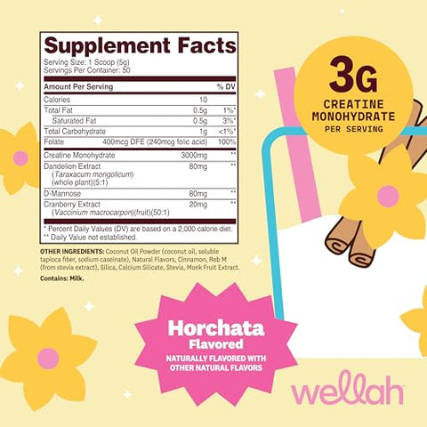 Wellah Creatine For Women (50 Servings Horchata) - Creatine Monohydrate With Dandelion & Cranberry Extract