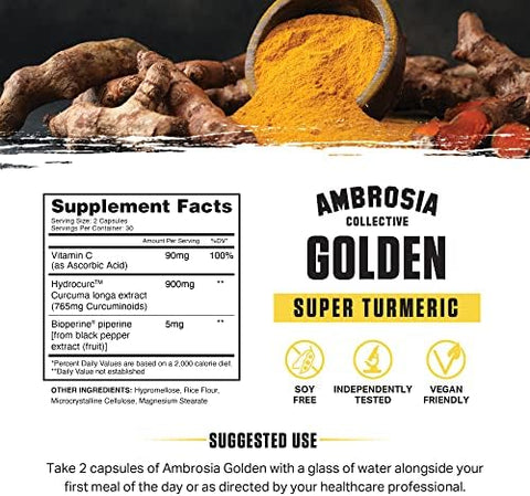 Ambrosia Golden Super Turmeric Bioavailable Curcumin Support Healthy Gut & Brain Health Joint Support 765Mg Of Active Curcuminoids 60 Veggie Capsules (30 Day Supply)