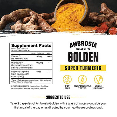 Ambrosia Golden Super Turmeric Bioavailable Curcumin Support Healthy Gut & Brain Health Joint Support 765Mg Of Active Curcuminoids 60 Veggie Capsules (30 Day Supply)