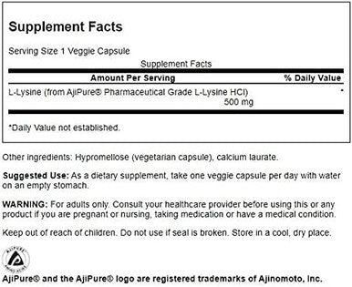 Swanson Amino Acid Ajipure L-Lysine Pharmaceutical Grade 500 Milligrams 90 Veg Capsules (3 Pack)