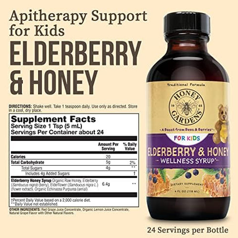 Honey Gardens Elderberry Syrup For Kids With Honey Kids Elderberry Syrup 6.4 Mg Of Elderberry Honey Syrup With Organic Raw Honey Organic Ecea Purpurea And Elderflower 24 Servings 4 Fl. Oz.