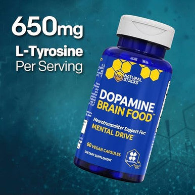 Dopamine Brain Food L-Tyrosine Focus And Mental Drive Support 60 Count | With B vitamins for natural neurotransmitter production. Supports motivation mental energy and productive work sessions.