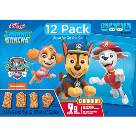 Kellogg's PAW Patrol Graham Snacks, Kids Snacks, Whole Grain, Cinnamon, 12.7oz Box (12 Pouches)