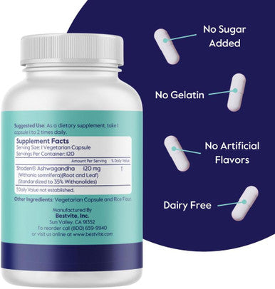 Bestvite Advanced Ashwagandha 120mg w/Shoden (120 Vegetarian Capsules) - Clinically Studied Containing Industry Leading 35% Withanolide Glycosides - No Stearates - Vegan - Non GMO - Gluten