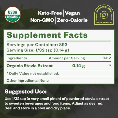 Organic Stevia Extract Powder125 g Zero Calorie Pure Stevia Extract Concentrated Powder Sweetener for Baking and Beverages No Aftertaste NonGMO Keto Friendly 892 Servings