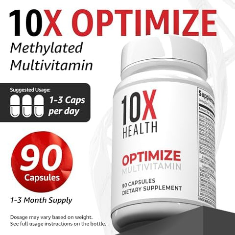 10X Health Optimize Methylated Multivitamin for Men and Women 90 Capsules 34 in 1 Formula with 800 mcg of Vitamin B12 5MTHF NAC Methyl B Complex