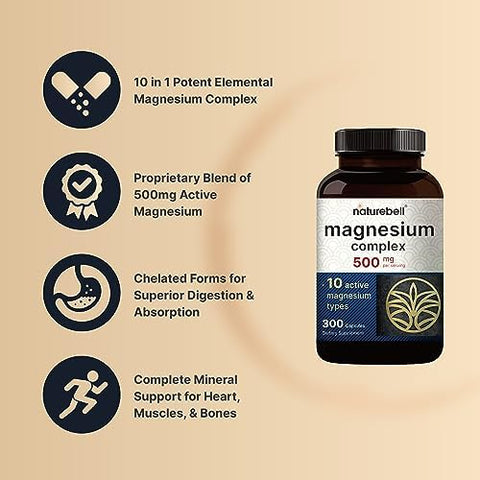 Magnesium Complex 500mg 300 Capsules 10in1 Magnesium Glycinate Citrate Malate and More Chelated Form for Easy Absorption NonGMO