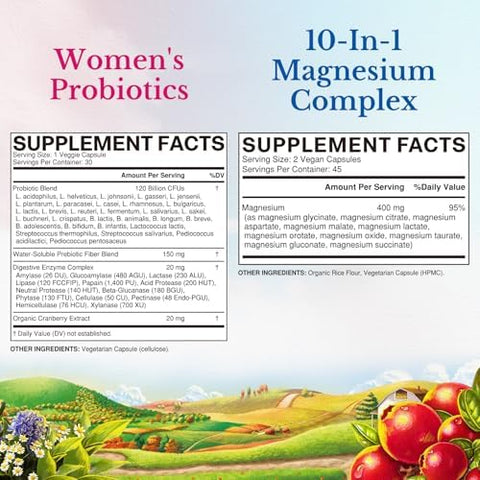 Vitalitown Magnesium + Probiotic Bundle (Pack Of 2) 10-In-1 Magnesium Complex & WomenS Probiotics 120 Billion Cfus 90 Magnesium Caps & 30 Probiotic Caps