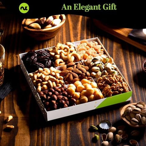 NUT CRAVINGS - Purim Mishloach Manot Mixed Nuts Gift Basket in White Gold Box (9 Assortments) Ramadan Gifts Treats for Adults, Food Arrangement, Healthy Snack Care Package, Kosher