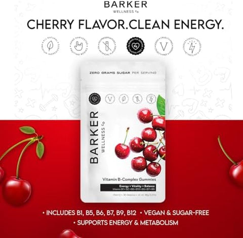 Barker Wellness Vegan BComplex Gummies Comprehensive Energy and Metabolism Boost with B1 B5 B6 B7 Biotin B9 Folate B12 SugarFree Cherry Flavor for Daily Focus and Vitality