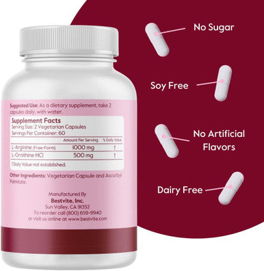 Bestvite L-Arginine L-Ornithine 500-250 (240 Vegetarian Capsules) (120 x 2) - No Stearates - No Fillers - Vegan - Non GMO - Gluten - No Calcium Silicate