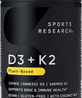 Sports Research Vitamin D3 + K2 With Coconut Mct Oil Vegan D3 5000 Iu With K2 100 Mcg For Bone & Immune Health Vegan Certified Soy & Gluten - 120 Softgels