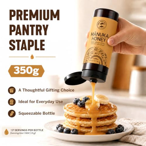One Tree Hill New Zealand Manuka Honey, MGO 100+ Certified Raw Manuka Honey, Monofloral, 100% Pure Single-Origin, Squeeze Bottle for Toast, Yogurt, Oatmeal, Baking - 12.3 oz (350 g)