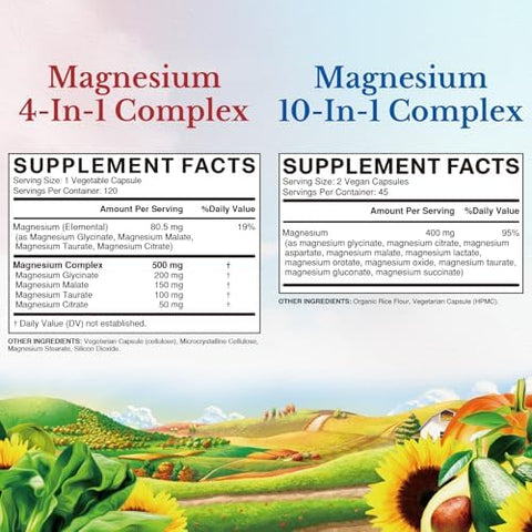 Vitalitown Ultimate Magnesium Bundle (Pack of 2) Magnesium 4in1 Complex (Item 1) and Magnesium 10in1 Complex (Item 2) 120 + 90 Capsules