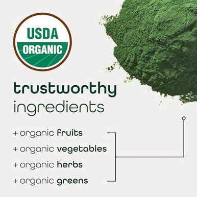 Zena Nutrition Organic Super Greens Powder 70+ Superfoods 0 Sugar 3g Fiber Spirulina Chlorella Mushrooms Prebiotics/Probiotics Digestive Enzymes Gut Health Green Apple 30 Drink Mix Packets