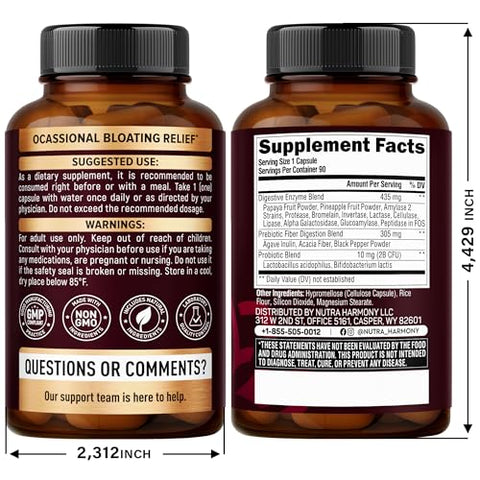 Nutraharmony Digestive Enzymes For Women - Multi Digestive Enzymes Papaya Bromelain Probiotic & Prebiotics - Gut & Digestion Support Bloating Relief - Vegan Lab Tested - Made In Usa - 90 Capsules One/Day