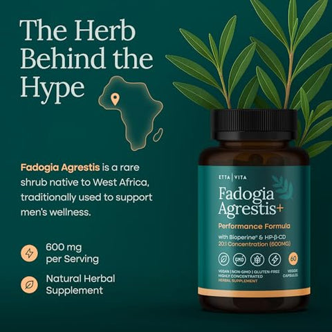 Etta Vita Organic Fadogia Agrestis 600Mg For Natural Test Support (2X More Pure - 3X More Absorbent) Athlete Approved - Supports Muscle Growth & Recovery Healthy Energy Levels Drive Stamina & Mood 60Ct