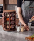 Yungyan Acacia Wood Brown Rotating Spice Rack Seasoning Organizer with 16 Empty Jars, Spice Containers Set with Labels and Funnel, Revolving Seasoning Rack for Kitchen Accessories
