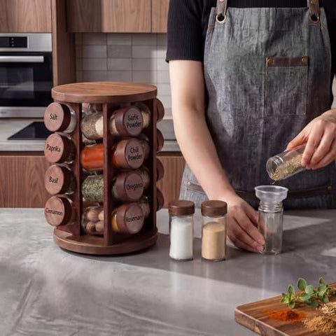 Yungyan Acacia Wood Brown Rotating Spice Rack Seasoning Organizer with 16 Empty Jars, Spice Containers Set with Labels and Funnel, Revolving Seasoning Rack for Kitchen Accessories