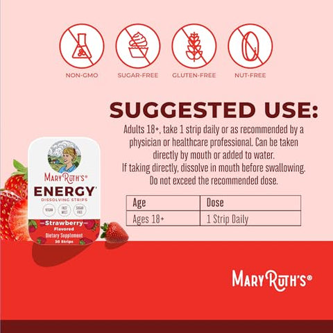 Energy Dissolving Strips By Maryruth'S Biotin Vitamin B12 Vitamin B6 B Vitamin Complex Support Energy Levels L Theanine Sugar Free Strawberry Flavor Vegan Gluten Free 30 Count