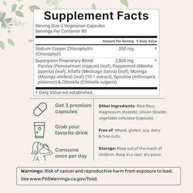 Micro Ingredients Chlorophyll Super Greens Complex 240 Veggie Capsules With Parsley Moringa Spirulina Chlorella & More Gluten-Free No Additives