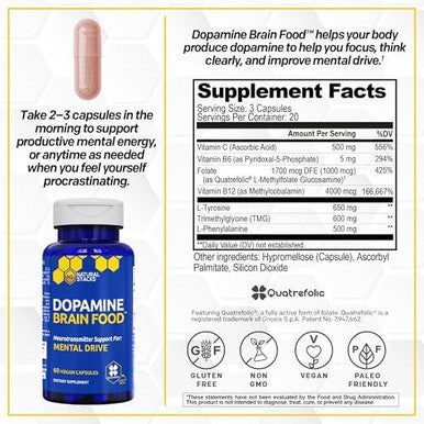 Dopamine Brain Food L-Tyrosine Focus And Mental Drive Support 60 Count | With B vitamins for natural neurotransmitter production. Supports motivation mental energy and productive work sessions.