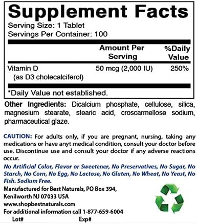 Best Naturals Vitamin D3 2000 Iu (50 Mcg) 100 Tablets 100 Days Supply Helps Support Immune Health Strong Bones And Teeth & Muscle Function (100 Count (Pack Of 1))