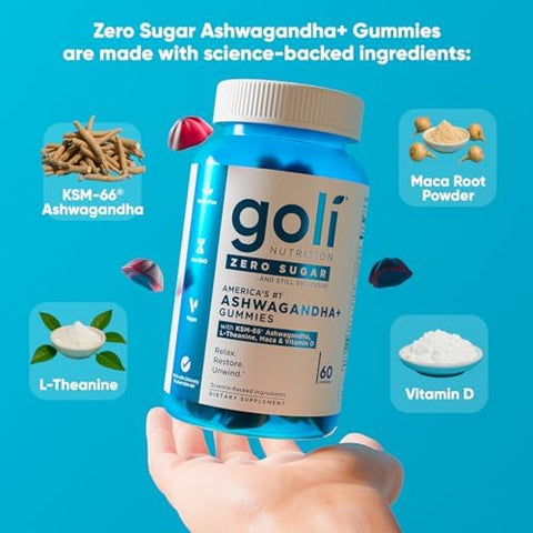 Goli Zero Sugar Ashwagandha & Vitamin D Maca L-Theanine Gummies No Artificial Sweeteners No Sugar Alcohols. Mixed Berry Ksm-66 Vegan Plant Based Non-Gmo Gluten- & Gelatin . (3)