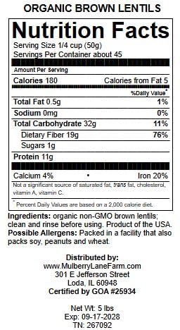 Brown Lentils, Small, 5 Pounds USDA Certified Organic, Non-GMO, Bulk, Product of USA, Mulberry Lane Farms